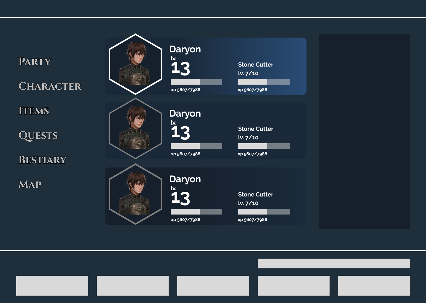 Wireframe Concept B: vertical party list with hexagon elements